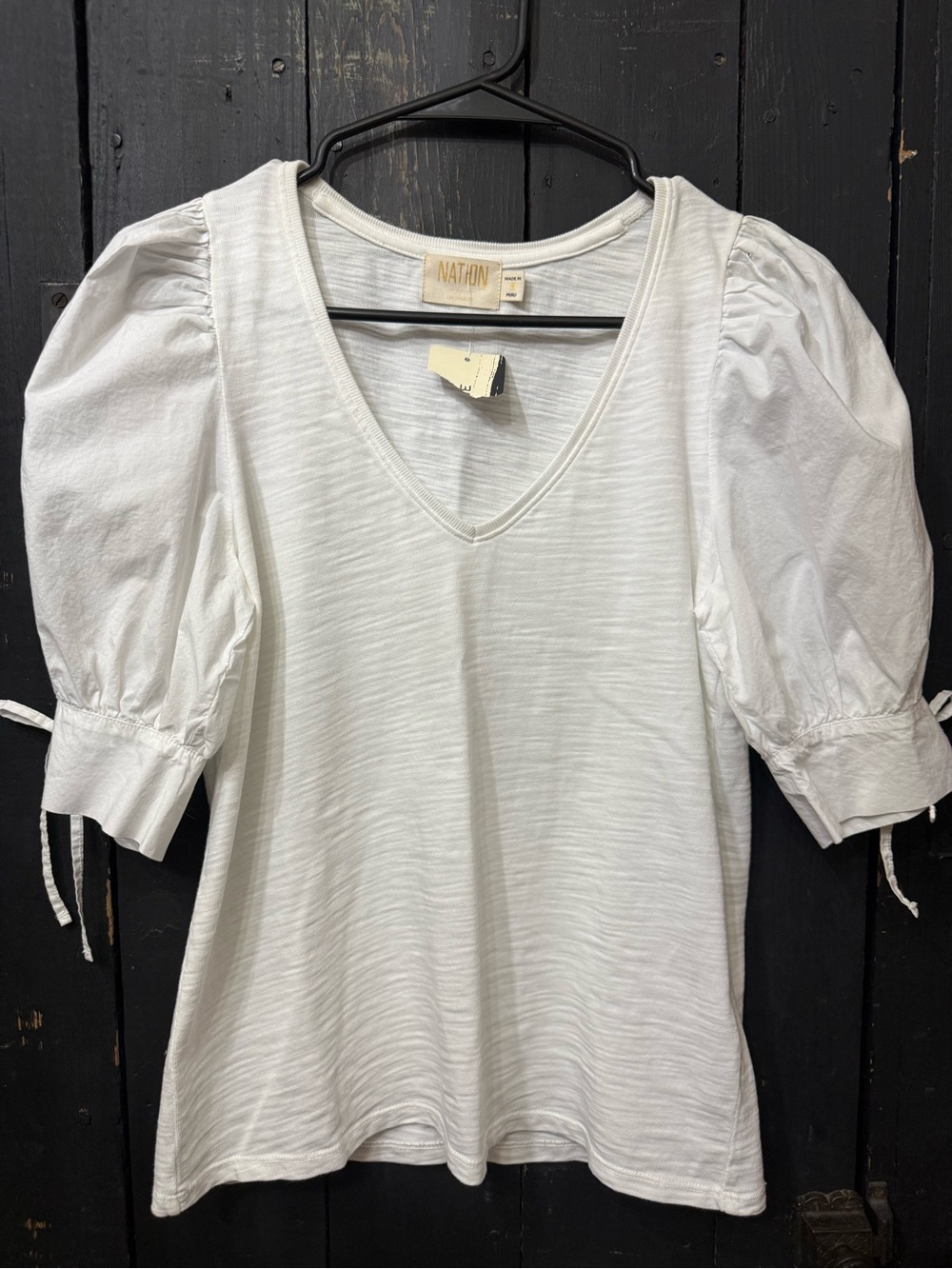 Nation LTD White Puff Sleeve V-Neck Cotton Jersey Top - NWT Size S